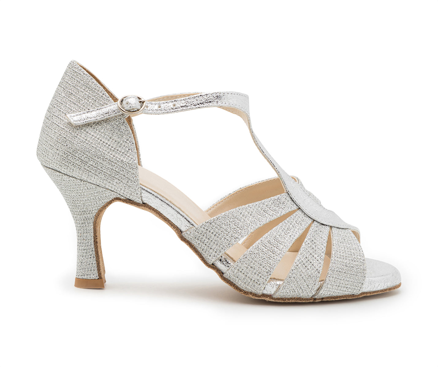 ESP09 Silberne Tanzschuhe von Dancing Queens mit Peep-Toe-Design und Schnallenriemen.